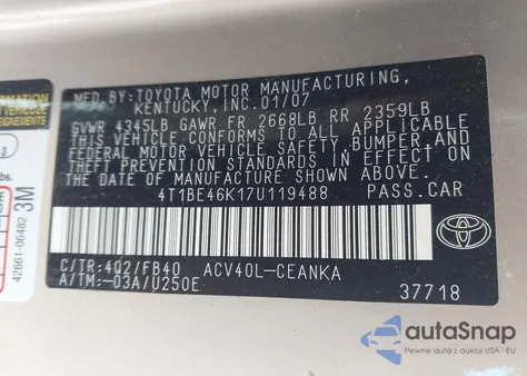 2007 Toyota Camry Le z USA, uszkodzony, nr VIN 4T1BE46K17U119488